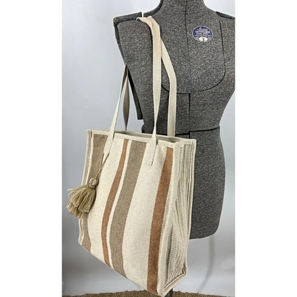 Bohemian summer beach striped canvas tote with tassel